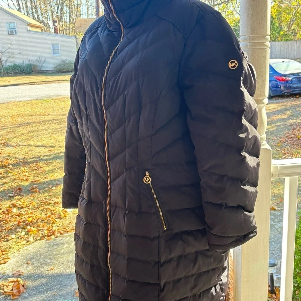 Michael Kors Black Feather Down Puffer Trench Large Collar